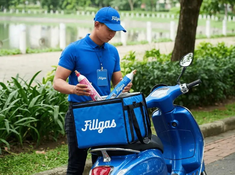 Entregador da Fillgas tirando cilindros de CO₂ da bolsa térmica ao lado da moto azul